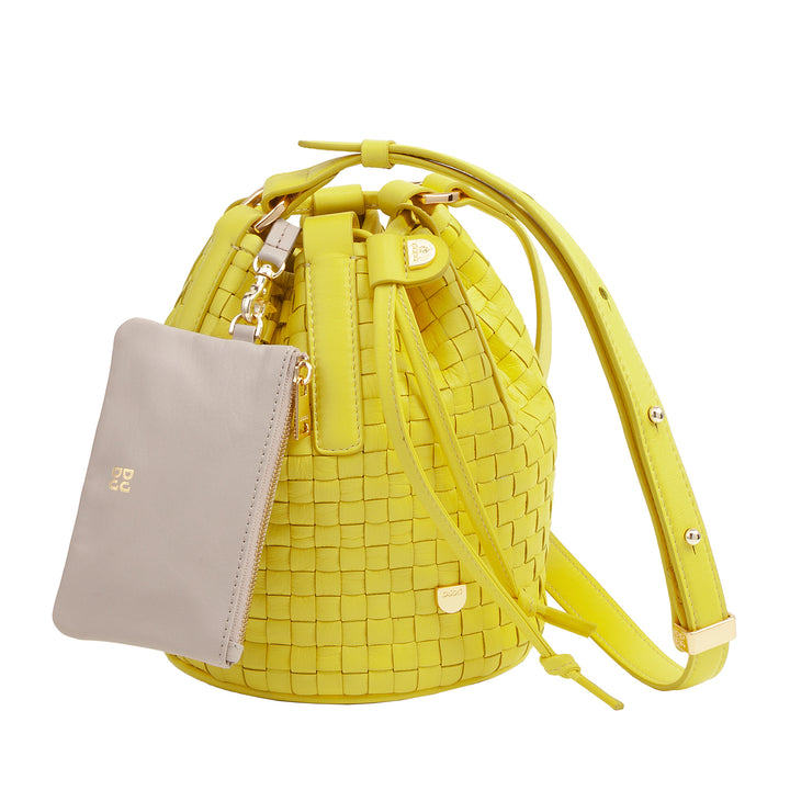 DUDU Borsa a Secchiello in Pelle Intrecciata – Borsetta Donna Piccola con Tracolla Regolabile, Coulisse e Pochette Interna, Elegante e Artigianale