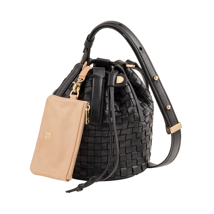 DUDU Borsa a Secchiello in Pelle Intrecciata – Borsetta Donna Piccola con Tracolla Regolabile, Coulisse e Pochette Interna, Elegante e Artigianale