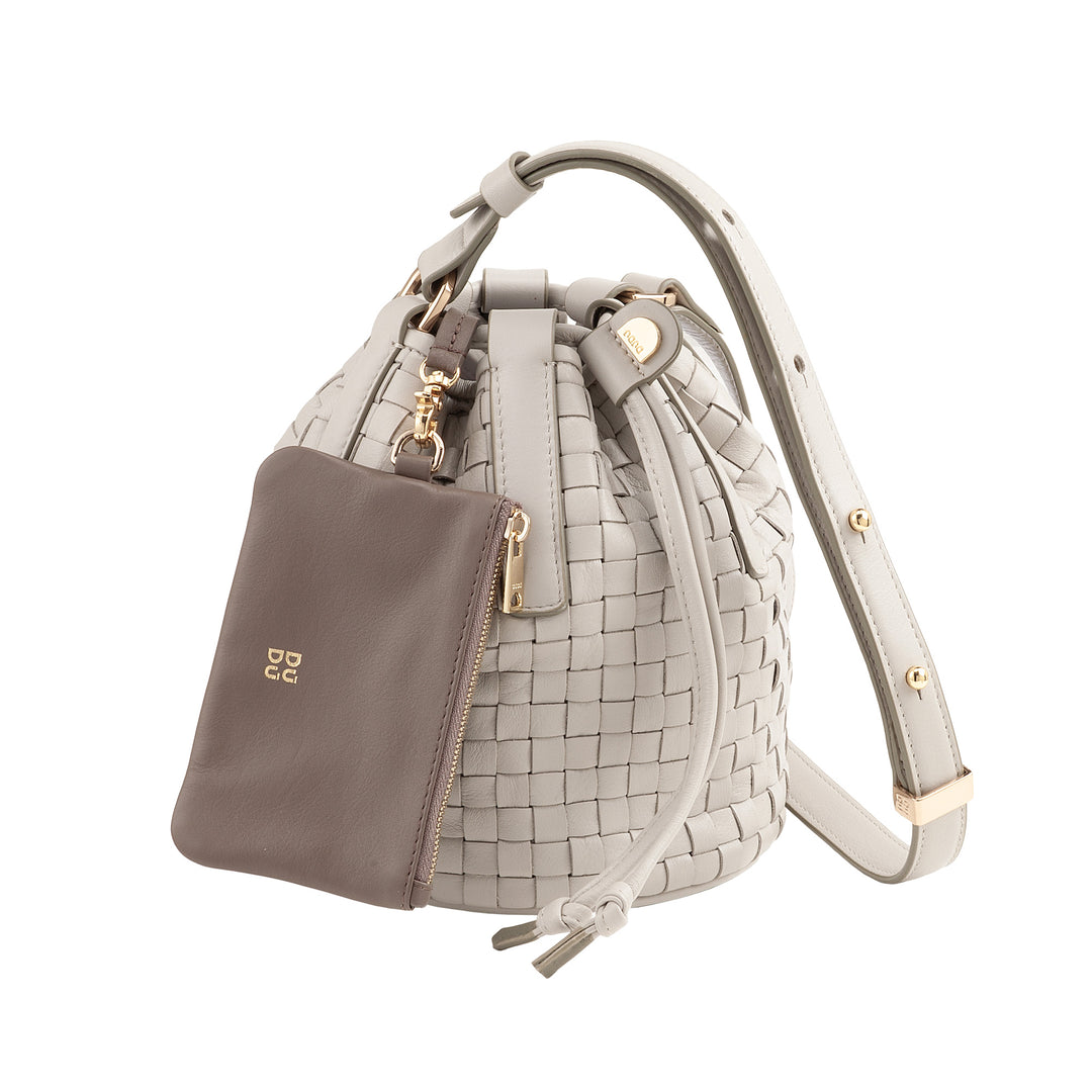 DUDU Borsa a Secchiello in Pelle Intrecciata – Borsetta Donna Piccola con Tracolla Regolabile, Coulisse e Pochette Interna, Elegante e Artigianale