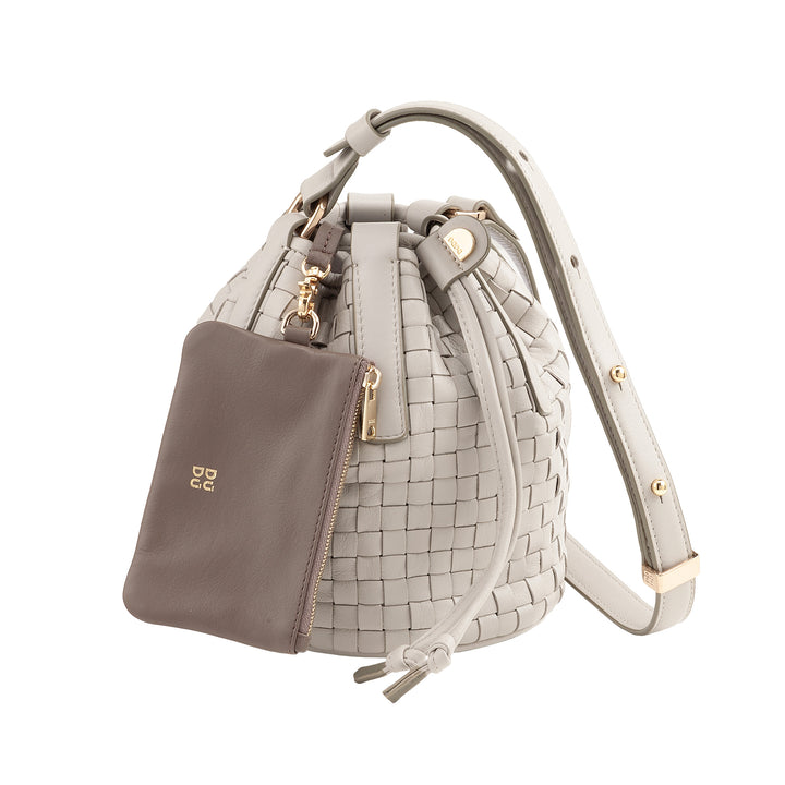 DUDU Borsa a Secchiello in Pelle Intrecciata – Borsetta Donna Piccola con Tracolla Regolabile, Coulisse e Pochette Interna, Elegante e Artigianale