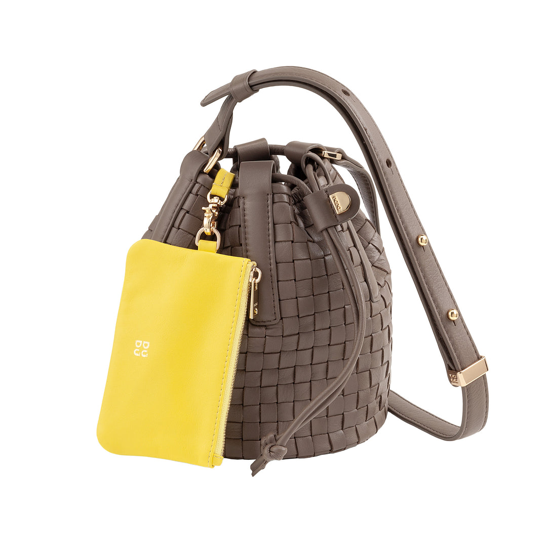 DUDU Borsa a Secchiello in Pelle Intrecciata – Borsetta Donna Piccola con Tracolla Regolabile, Coulisse e Pochette Interna, Elegante e Artigianale