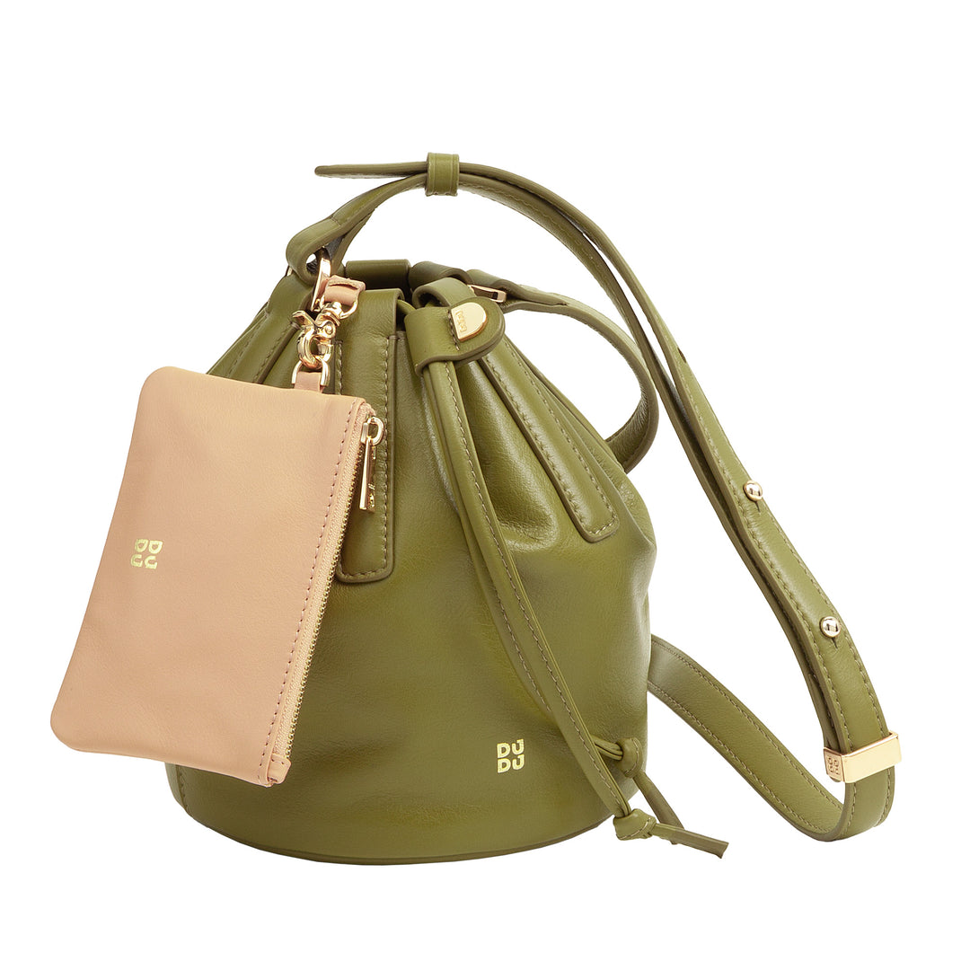 DUDU Piccola Borsa a Secchiello da Donna in Vera Pelle con Tracolla Regolabile e Chiusura a Coulisse – Borsa a Tracolla Elegante e Compatta con Cordoncino, Perfetta per l&