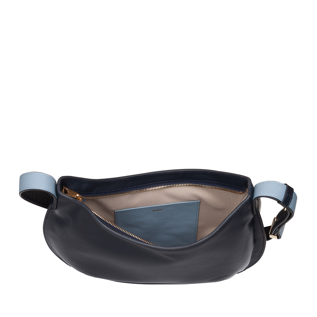 DUDU Borsa a Spalla Morbida Donna Media in Vera Pelle, Borsa Hobo con Spallina Regolabile, Borsetta a Tracolla con Cerniera Zip