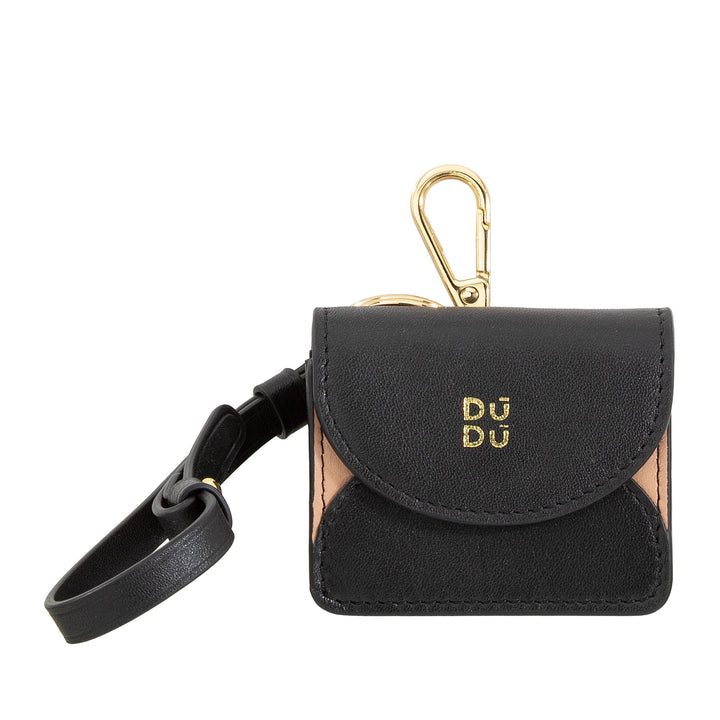 DUDU Custodia Porta Auricolari Air Pod in Vera Pelle con Portachiavi - Mini Cover con Moschettone, Elegante e Compatta