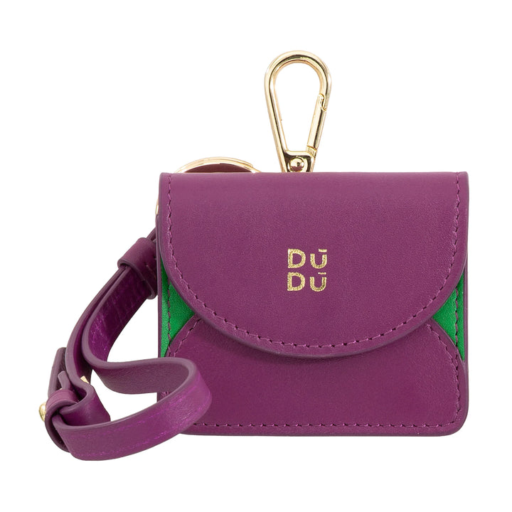 DUDU Custodia Porta Auricolari Air Pod in Vera Pelle con Portachiavi - Mini Cover con Moschettone, Elegante e Compatta