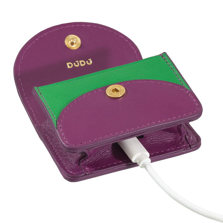 DUDU Custodia Porta Auricolari Air Pod in Vera Pelle con Portachiavi - Mini Cover con Moschettone, Elegante e Compatta