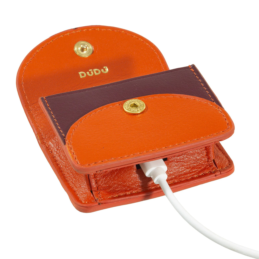 DUDU Custodia Porta Auricolari Air Pod in Vera Pelle con Portachiavi - Mini Cover con Moschettone, Elegante e Compatta