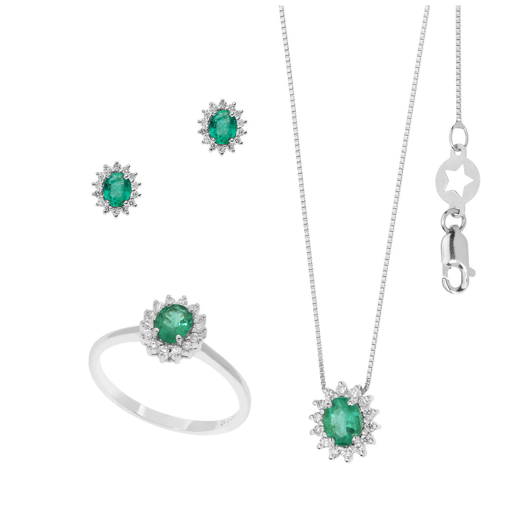 Comete Collana, Anello e Orecchini in Oro Diamanti e Smeraldo ovale KIT1569S32574S31027S3