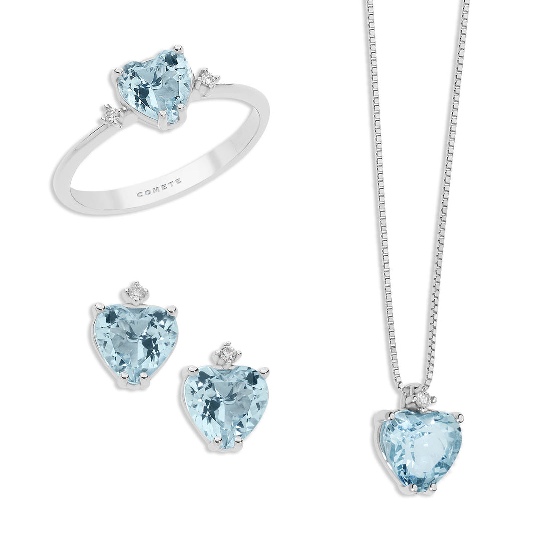 Comete Collana, Anello e Orecchini in Oro Diamante e Acquamarina Cuore KIT272300235