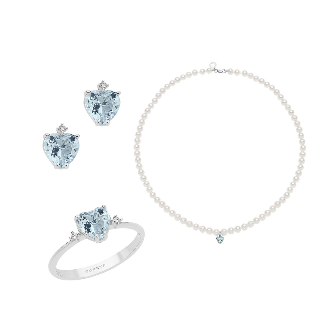Comete Collana, Anello e Orecchini Filo Perle Acquadolce in Oro, Diamanti e Acquamarina KIT323300235