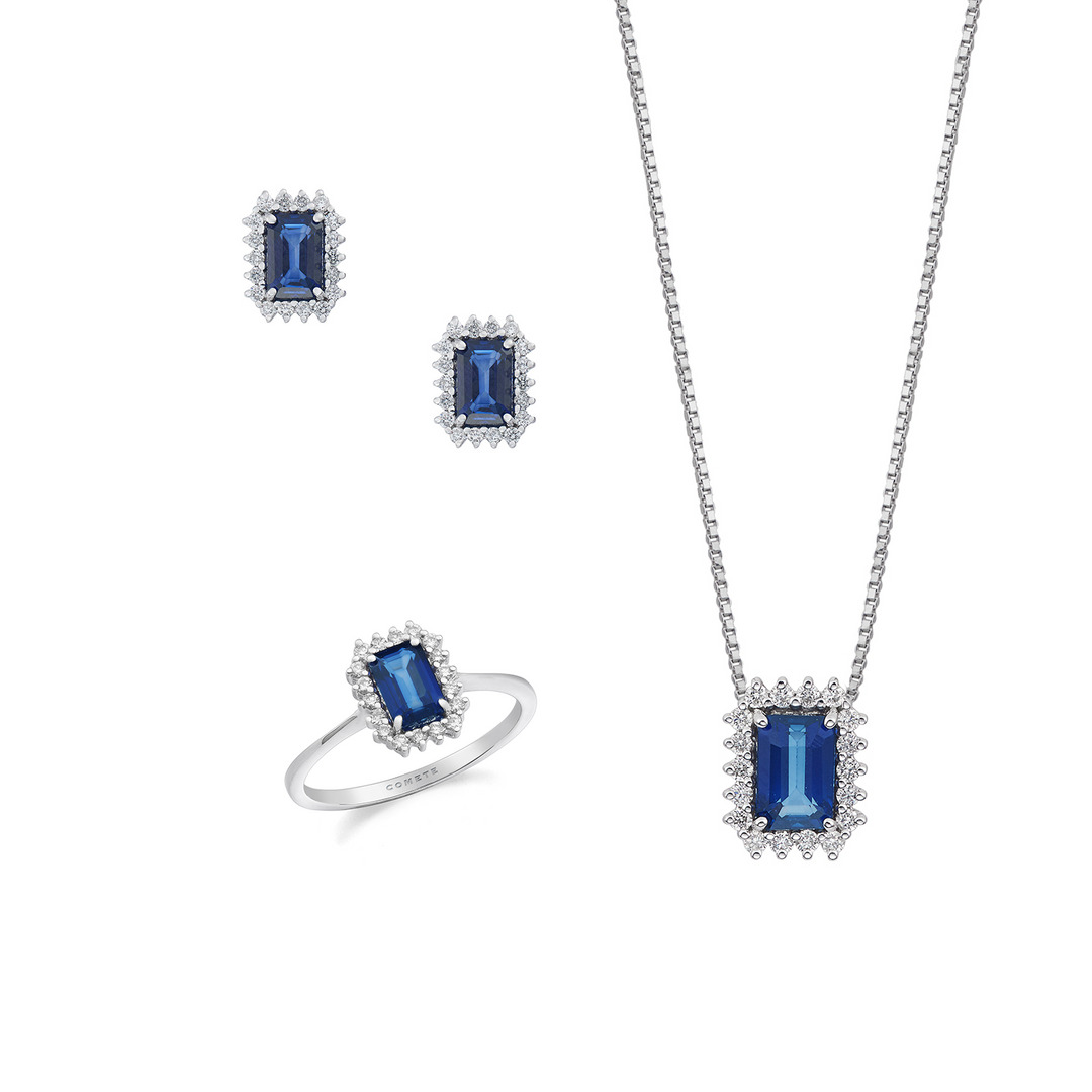 Comete Collana, anello e orecchini Oro 750‰, Diamanti e Zaffiro blu ottagonale KIT166226921106