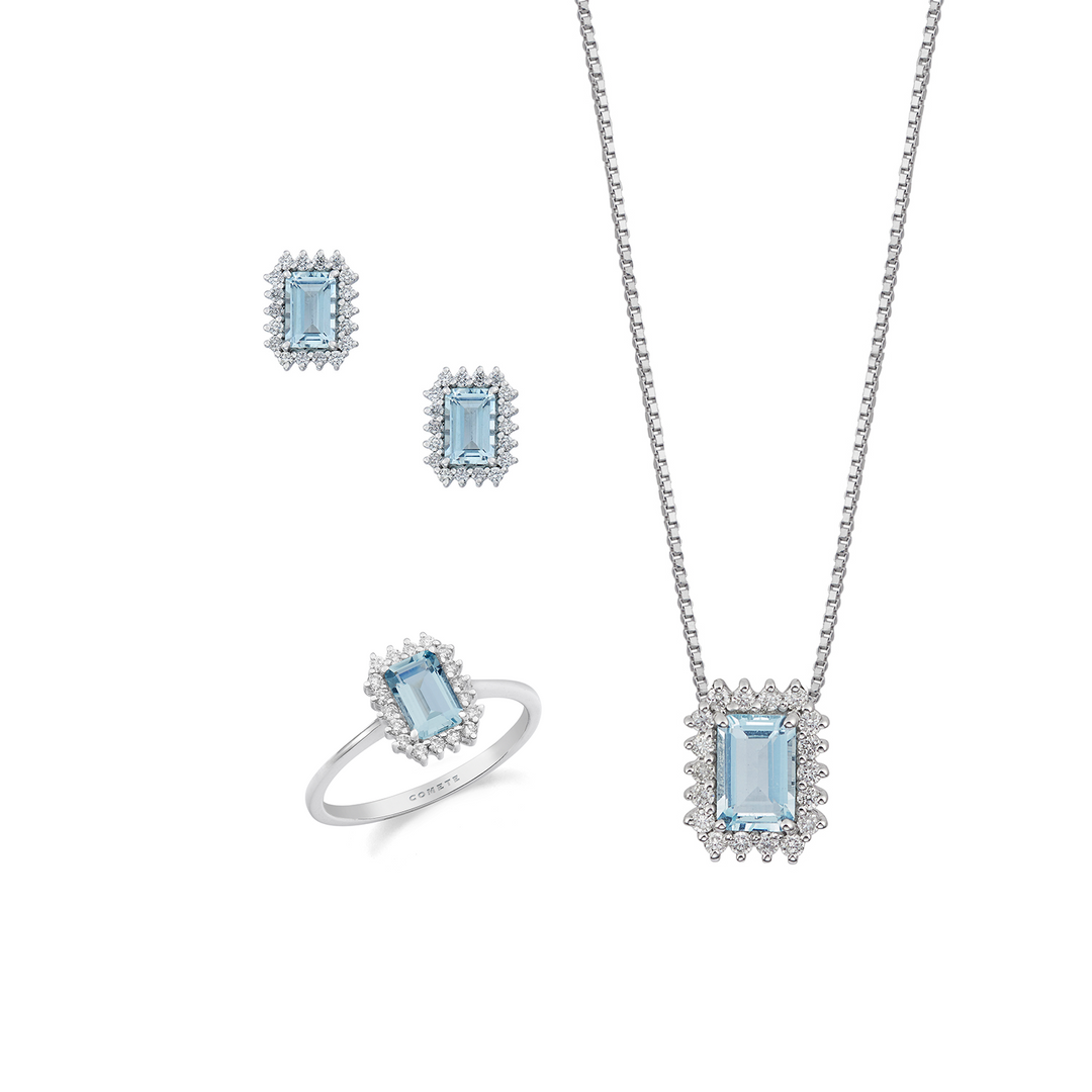 Comete Girocollo, anello e orecchini in Oro bianco 750‰ Diamanti Acquamarina ottagonale KIT308343272