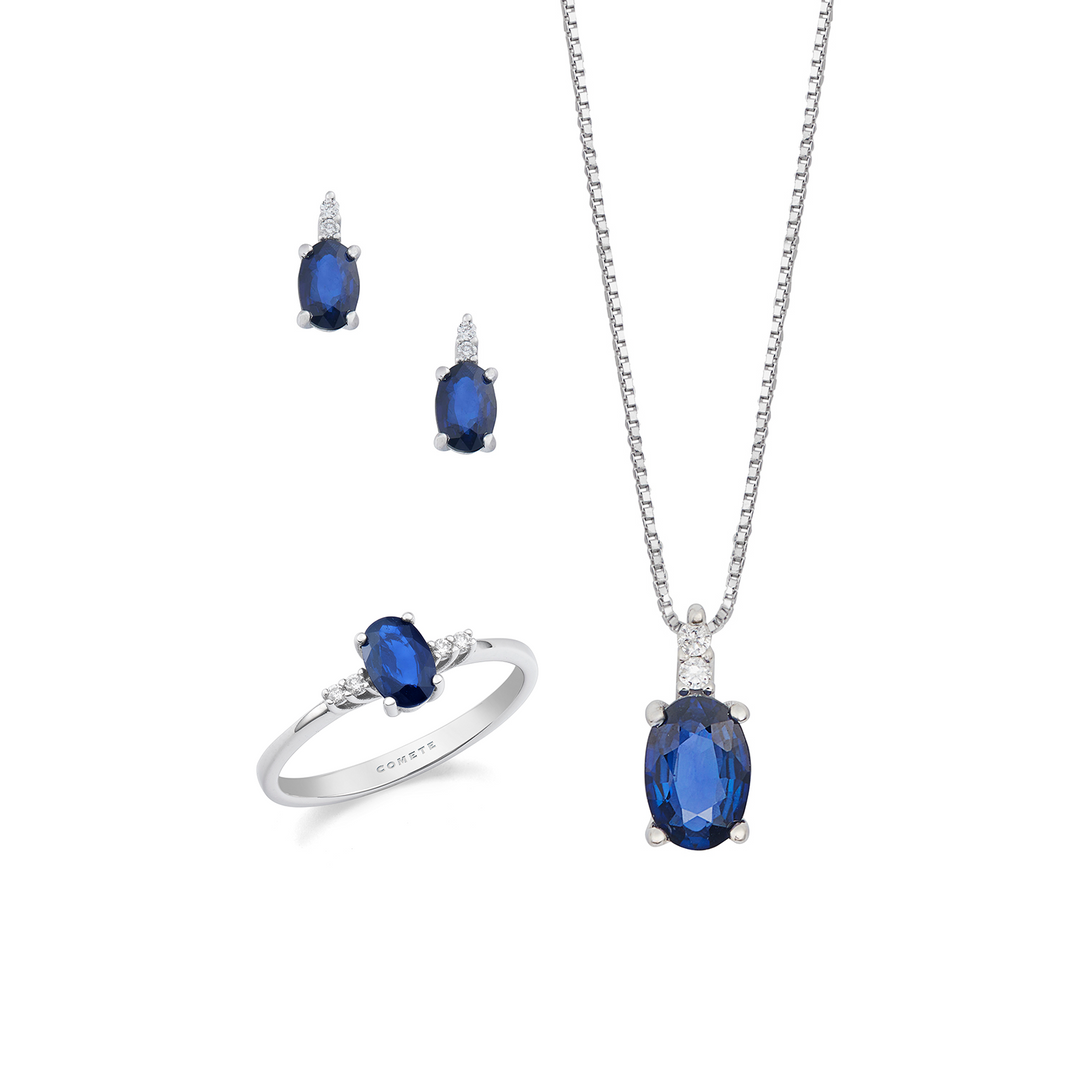 Comete Collana, anello e orecchini Oro e Diamanti bianchi, Zaffiro blu ovale KIT165626861103
