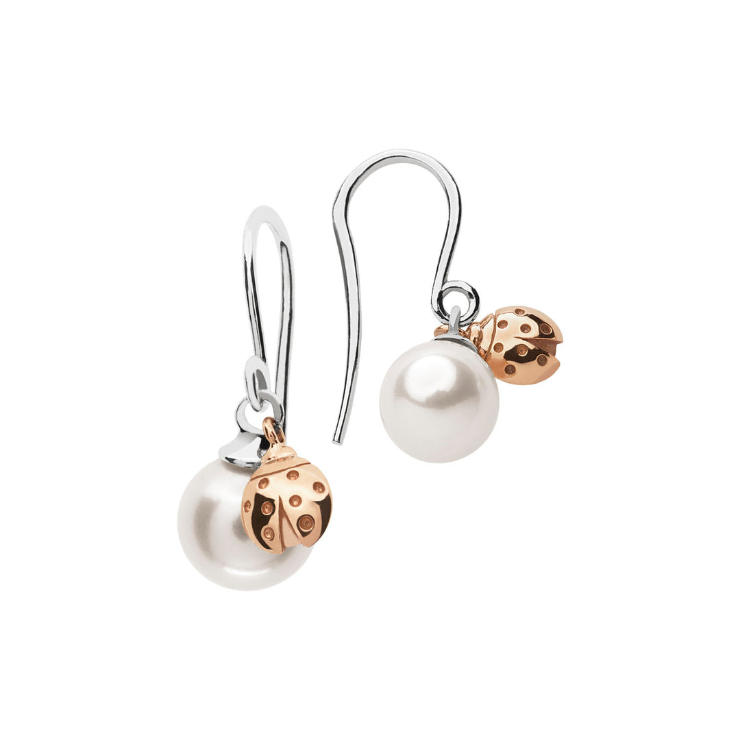 Comete Orecchini Perle in oro bianco con Coccinella in oro rosa ORP602