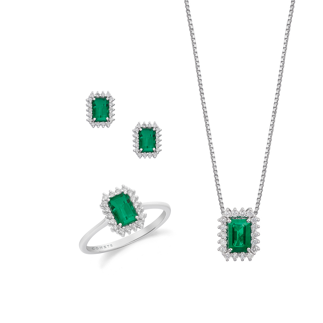 Comete Collana, anello e orecchini Oro 750‰, Diamanti bianchi e Smeraldo ottagonale KIT166526951109