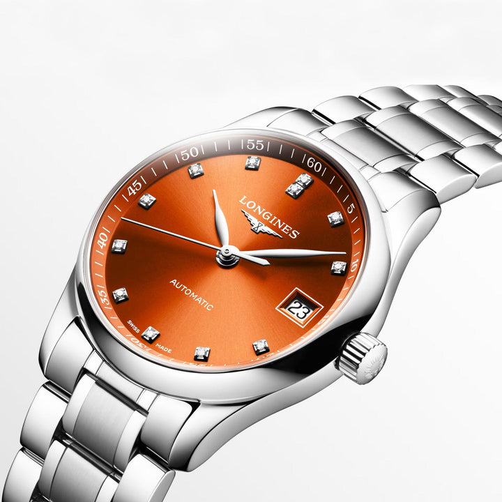 Longines orologio Master Collection 34mm arancione diamanti automatico acciaio L2.357.4.08.6 - Capodagli 1937