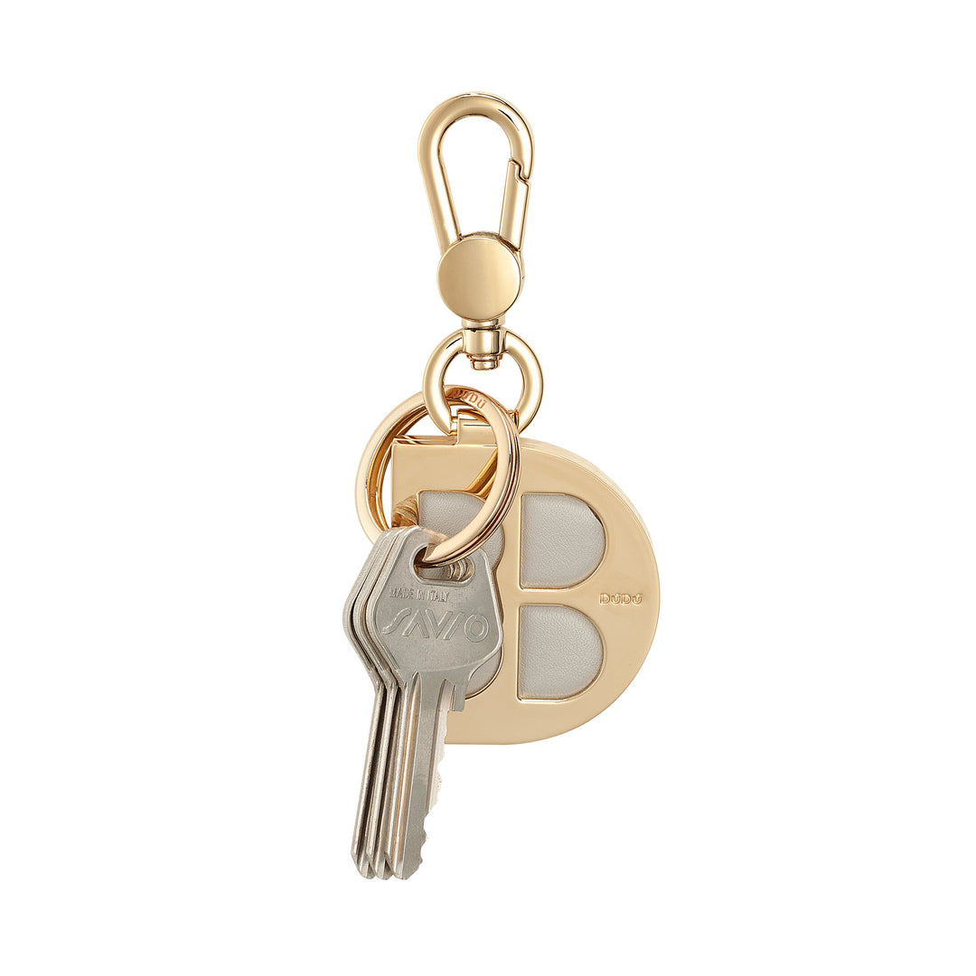 DUDU Portachiavi in Metallo a Forma di D con Inserti in Vera Pelle, Portachiavi Dorato con Moschettone e Anello, Portachiavi per Auto Casa Ufficio