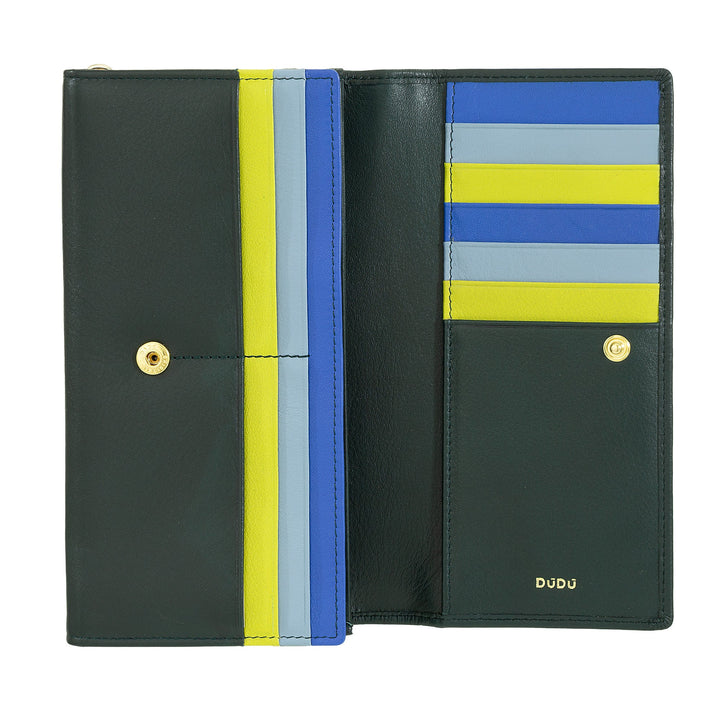 DUDU Portafoglio Donna Pelle RFID Design Colorato Lungo con Portamonete Zip 18 Porta Carte e Chiusura a Bottone
