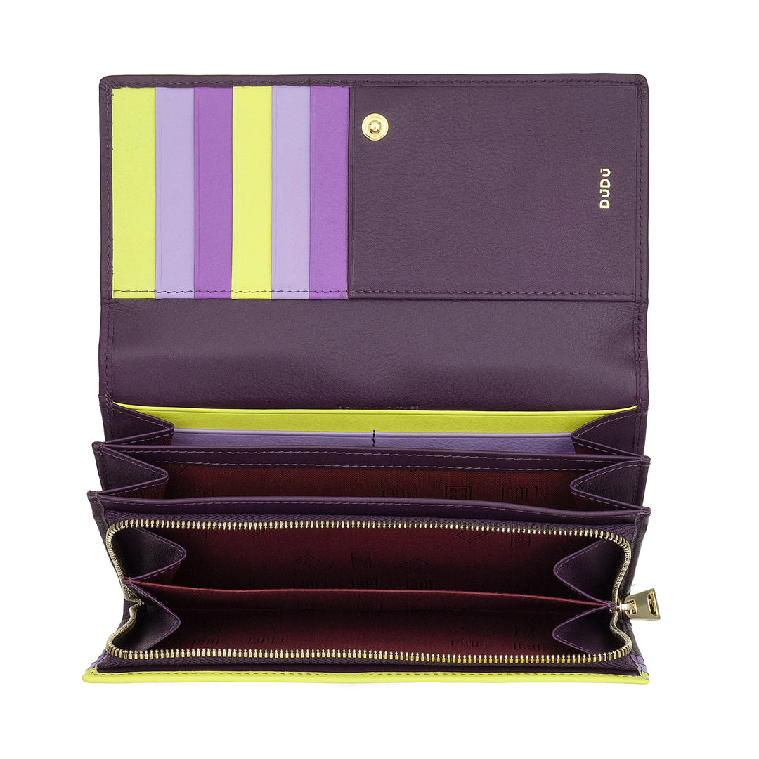DUDU Portafoglio Donna Pelle RFID Design Colorato Lungo con Portamonete Zip 18 Porta Carte e Chiusura a Bottone
