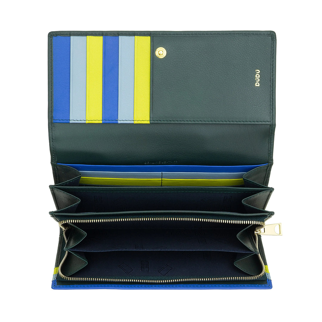 DUDU Portafoglio Donna Pelle RFID Design Colorato Lungo con Portamonete Zip 18 Porta Carte e Chiusura a Bottone