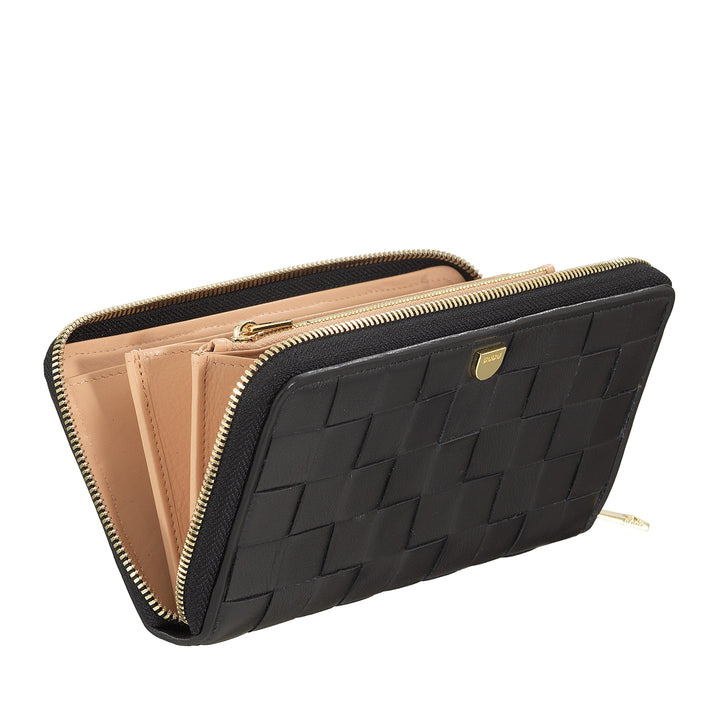 DUDU Portafoglio Donna in Vera Pelle Intrecciata Zip Around, Elegante e Capiente - Porta Carte Banconote e Monete, Portafoglio Intrecciato Cerniera a Giro