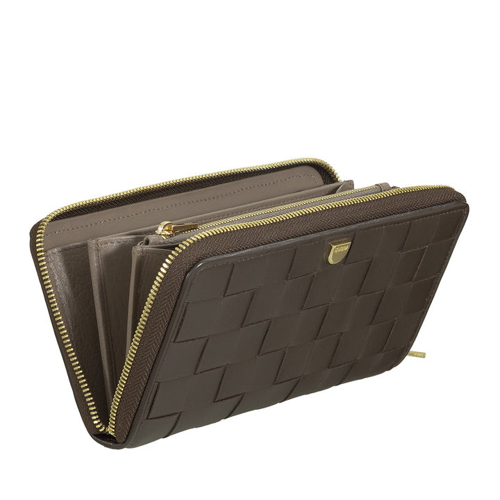 DUDU Portafoglio Donna in Vera Pelle Intrecciata Zip Around, Elegante e Capiente - Porta Carte Banconote e Monete, Portafoglio Intrecciato Cerniera a Giro