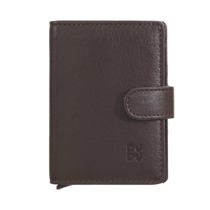DUDU Portafoglio Portacarte Uomo in Pelle Protezione RFID, Piccolo Miniwallet con Cardprotector in Alluminio, Porta Banconote e Chiusura a Bottone