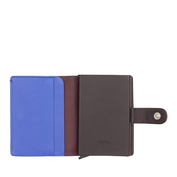 DUDU Portafoglio Portacarte Uomo in Pelle Protezione RFID, Piccolo Miniwallet con Cardprotector in Alluminio, Porta Banconote e Chiusura a Bottone
