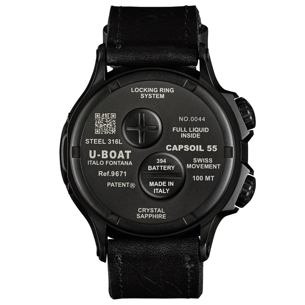 U-BOAT orologio Capsoil Doppiotempo DLC BK BE 55m quarzo acciaio finitura PVD nero 9671 - Capodagli 1937