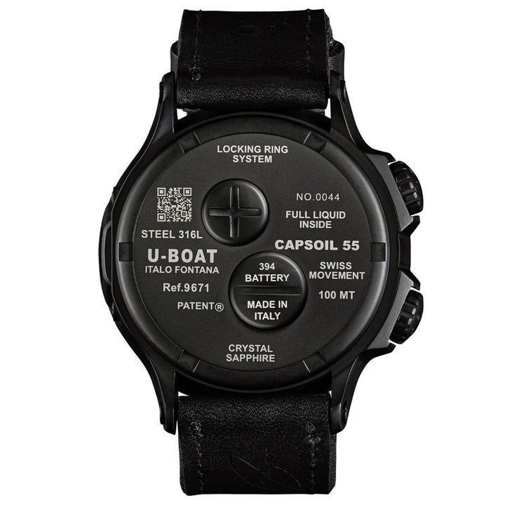 U-BOAT orologio Capsoil Doppiotempo DLC BK BE 55m quarzo acciaio finitura PVD nero 9671 - Capodagli 1937