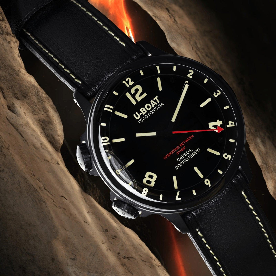 U-BOAT orologio Capsoil Doppiotempo DLC BK BE 55m quarzo acciaio finitura PVD nero 9671 - Capodagli 1937