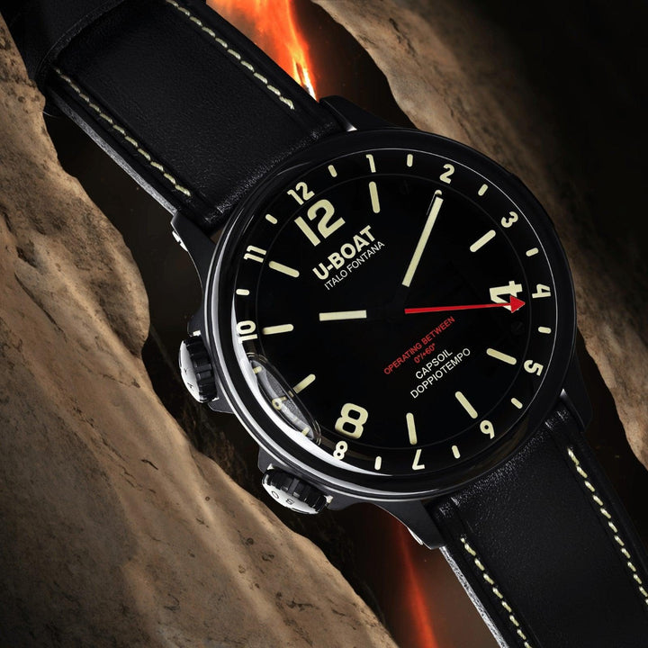 U-BOAT orologio Capsoil Doppiotempo DLC BK BE 55m quarzo acciaio finitura PVD nero 9671 - Capodagli 1937