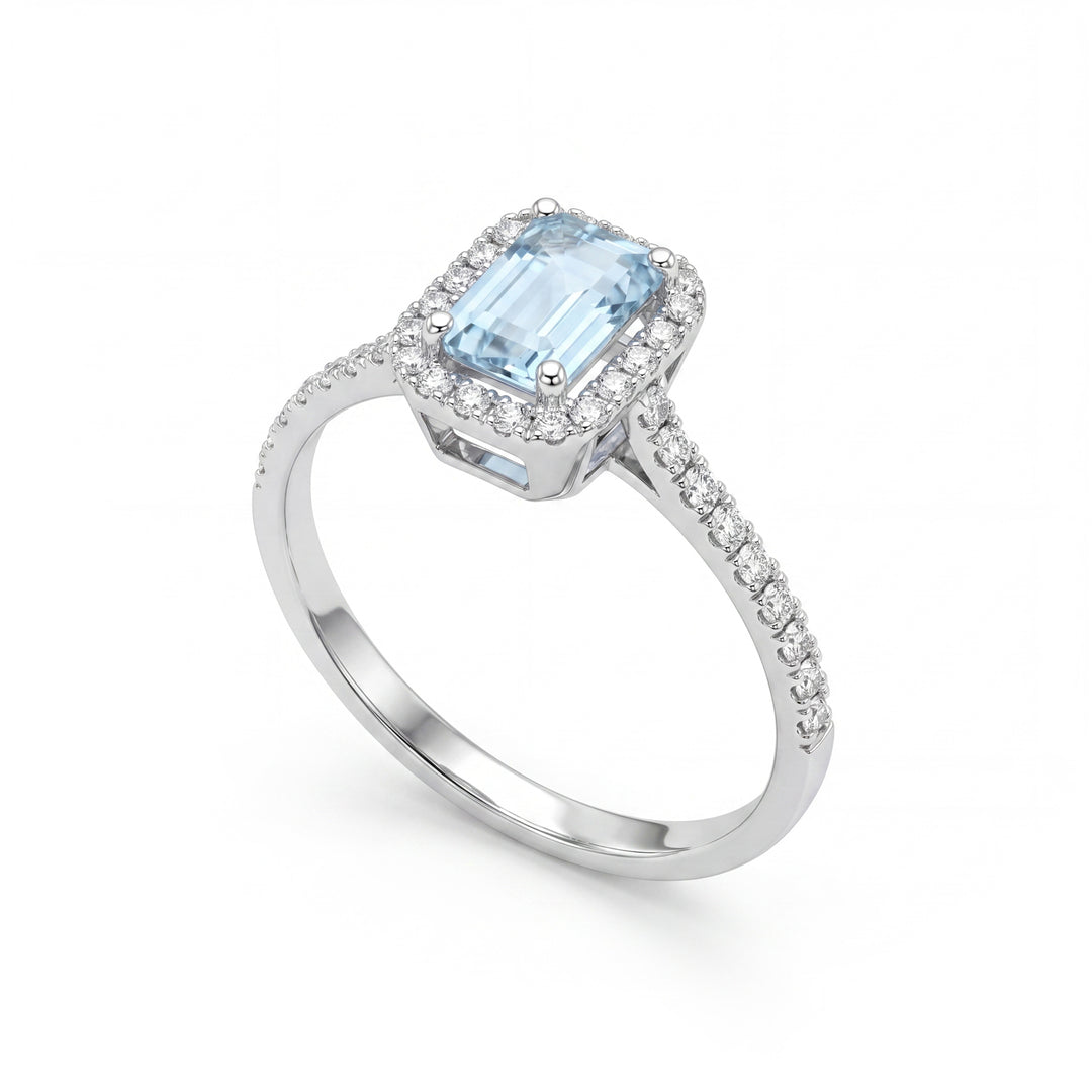 Mikiko an 18k acquamarina ott. 6x4 con contorno in diamanti e gambo incassato MA5232O4AM