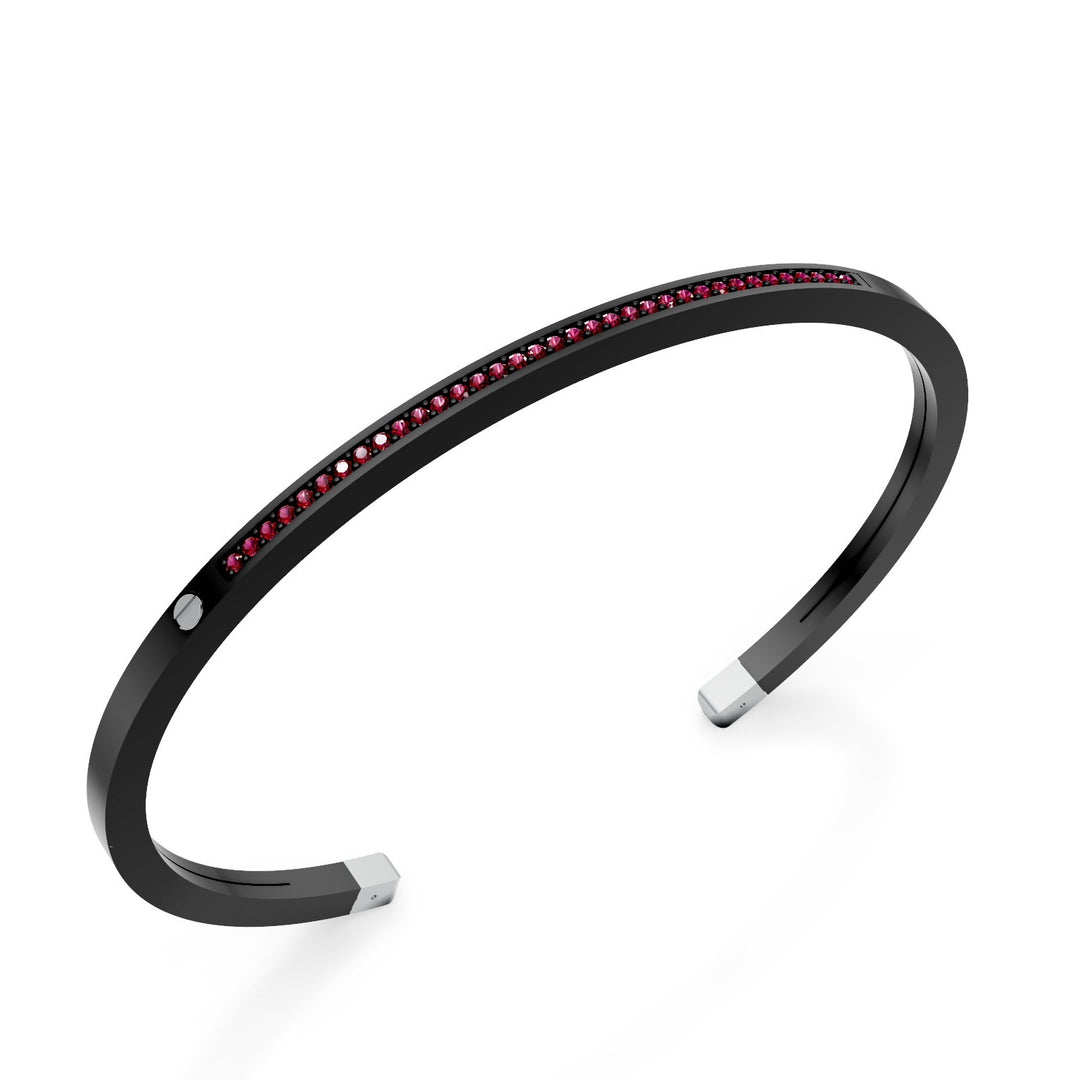 World Diamond Group bracciale schiava in titanio nero, con una fila di rubini e inserti in platino, misura media GBR036PTRUNE_M
