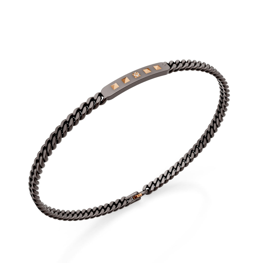 World Diamond Group bracciale groumette in titanio grigio, con barretta centrale ed inserti a piramide in oro rosa 18k, di cui la centrale incassata con diamanti, 18,5cm GBR043O3DIGR-185