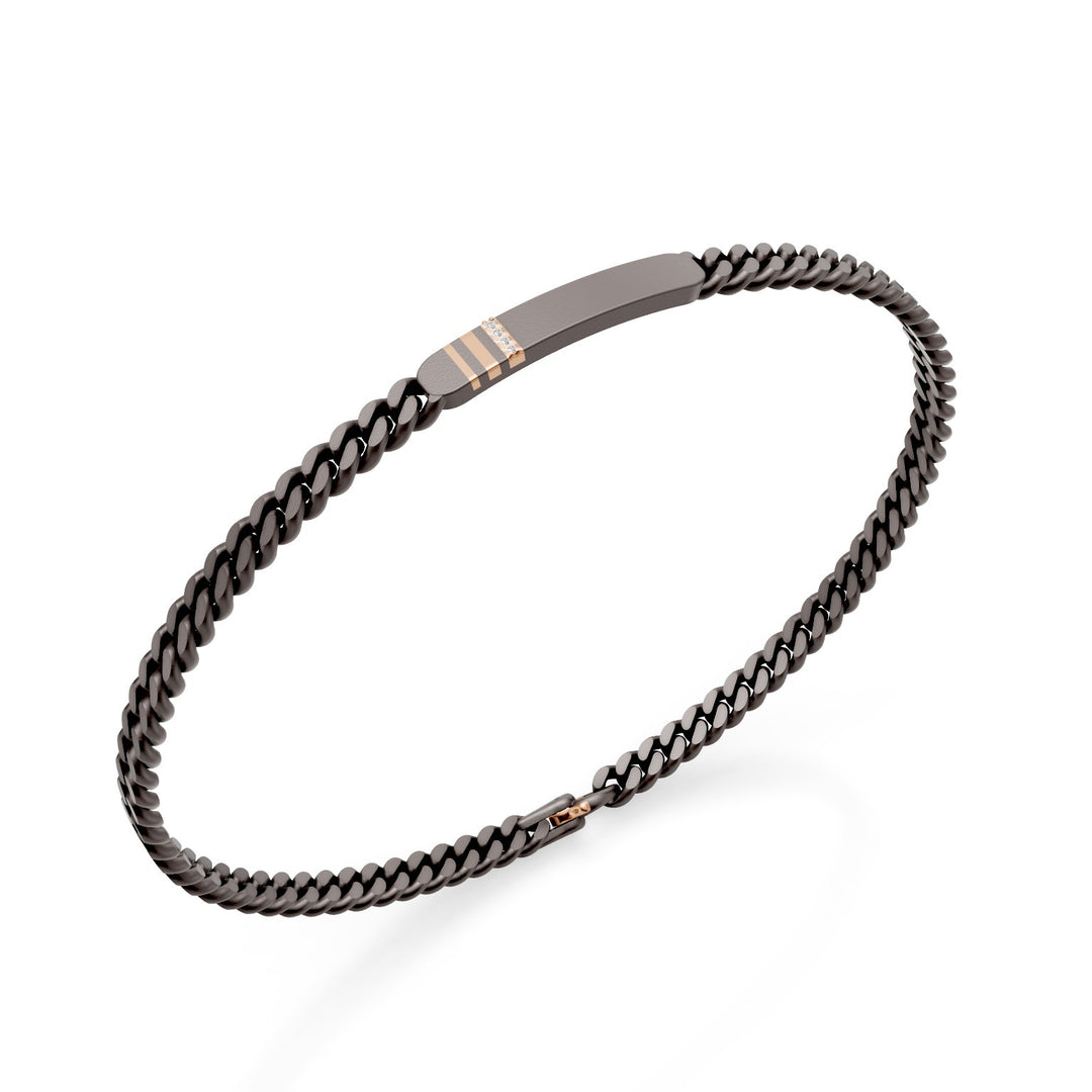 World Diamond Group bracciale groumette in titanio grigio, con barretta centrale, inserti lineari in oro rosa 18k, incassato con diamanti, 18cm GBR044O3DIGR-180