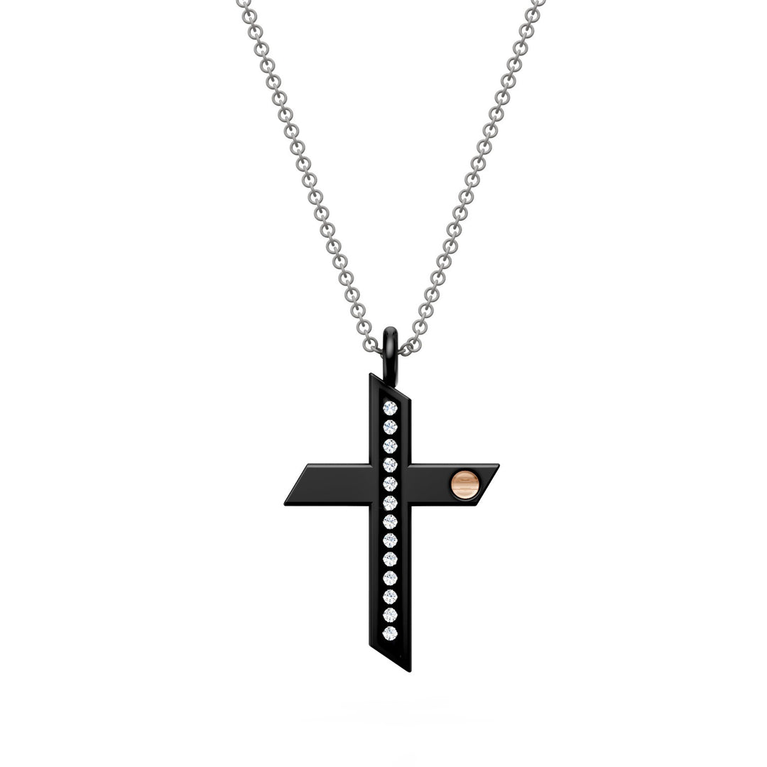 World Diamond Group collana croce con diamanti in titanio nero e catena grigia, con inserti in oro rosa 18kt GDCR01O3DINE