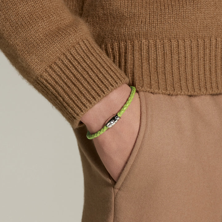 Montblanc bracciale in acciaio a 3 anelli e pelle Meisterstück Lime misura M 13429263