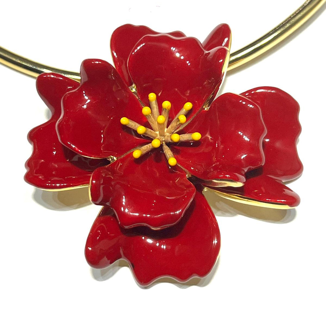 Federica Rossi collana girocollo Fiore 8 petali bronzo finitura PVD oro giallo 18kt smalto rosso FR.CO.29