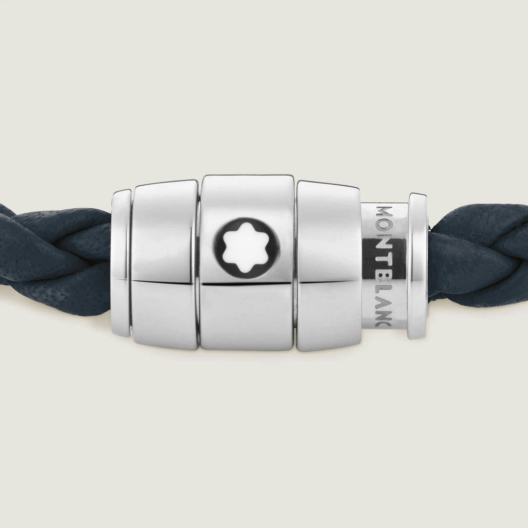 Montblanc bracciale in acciaio a 3 anelli e pelle Meisterstück Blu avio misura S 13601260