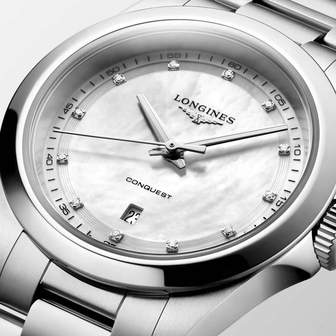 Longines orologio Conquest 30mm madreperla diamanti quarzo acciaio L3.350.4.87.6