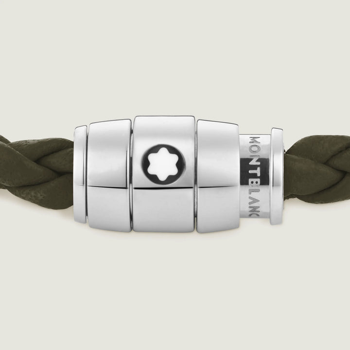 Montblanc bracciale in acciaio a 3 anelli e pelle Meisterstück Kaki misura L 13600568