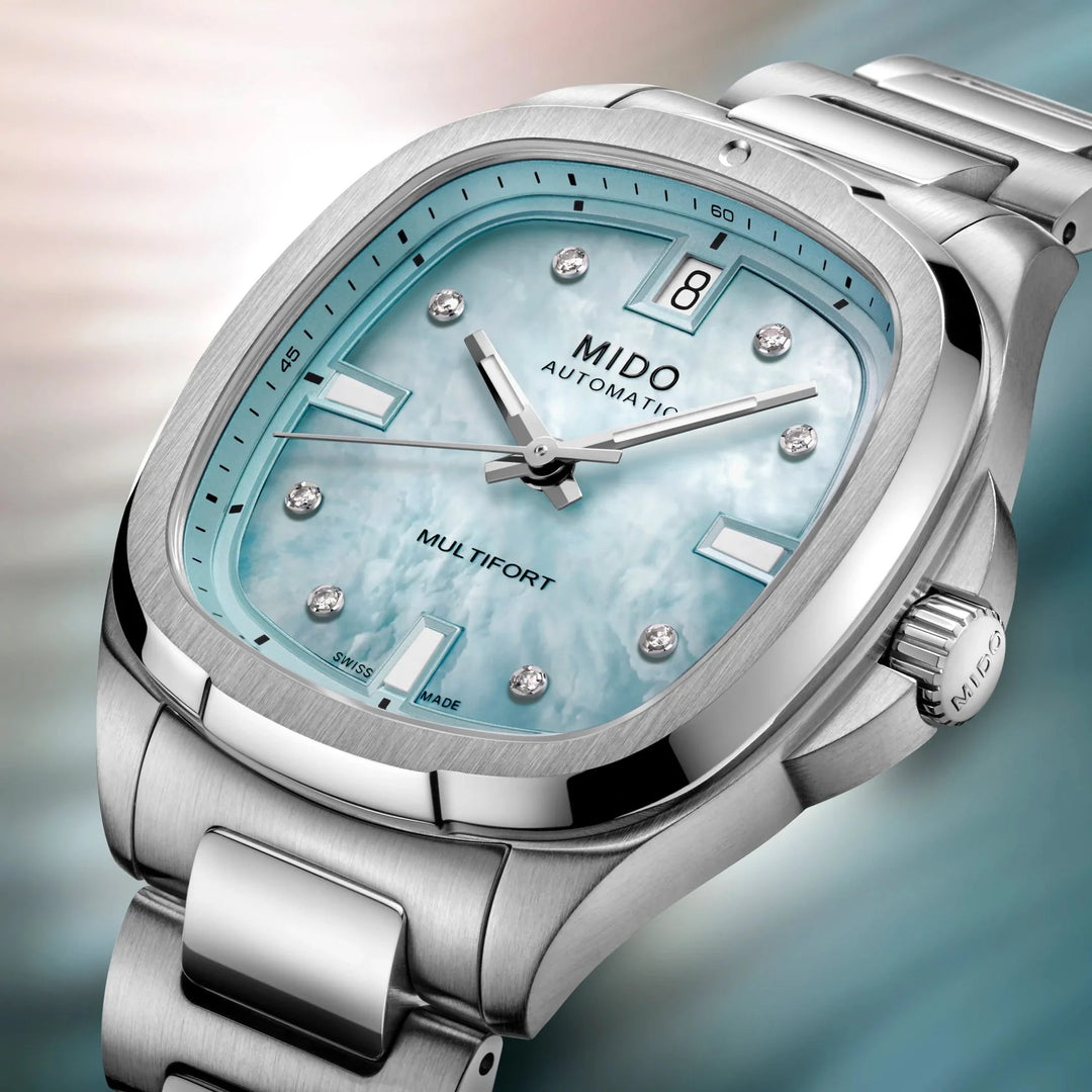 Mido orologio Multifort TV 35 34x35mm madreperla azzurra diamanti automatico acciaio M049.307.11.136.00