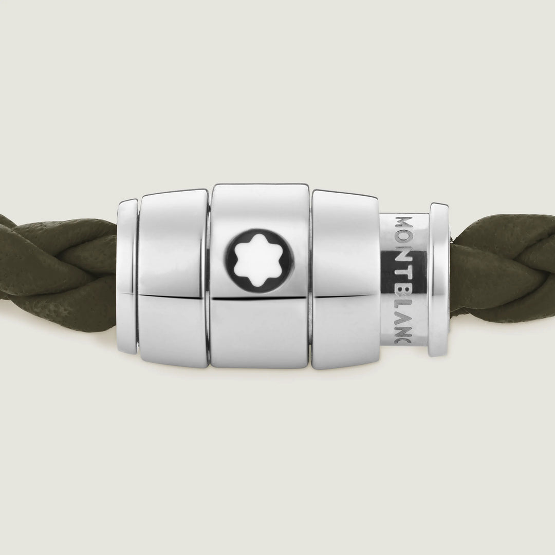 Montblanc bracciale in acciaio a 3 anelli e pelle Meisterstück Kaki misura S 13600360