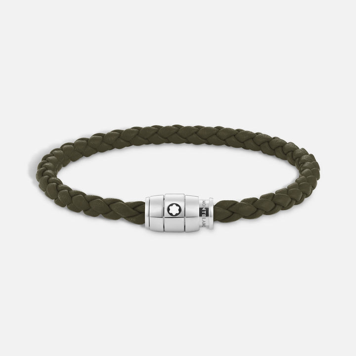 Montblanc bracciale in acciaio a 3 anelli e pelle Meisterstück Kaki misura L 13600568