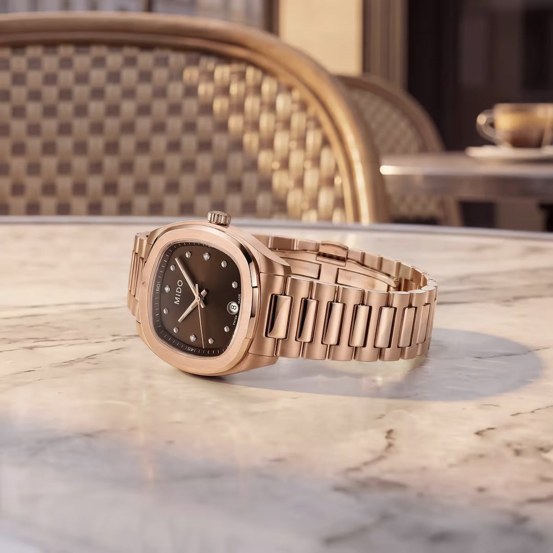 Mido Multifort TV 28mm marrone quarzo acciaio finitura PVD oro rosa M049.110.33.296.00
