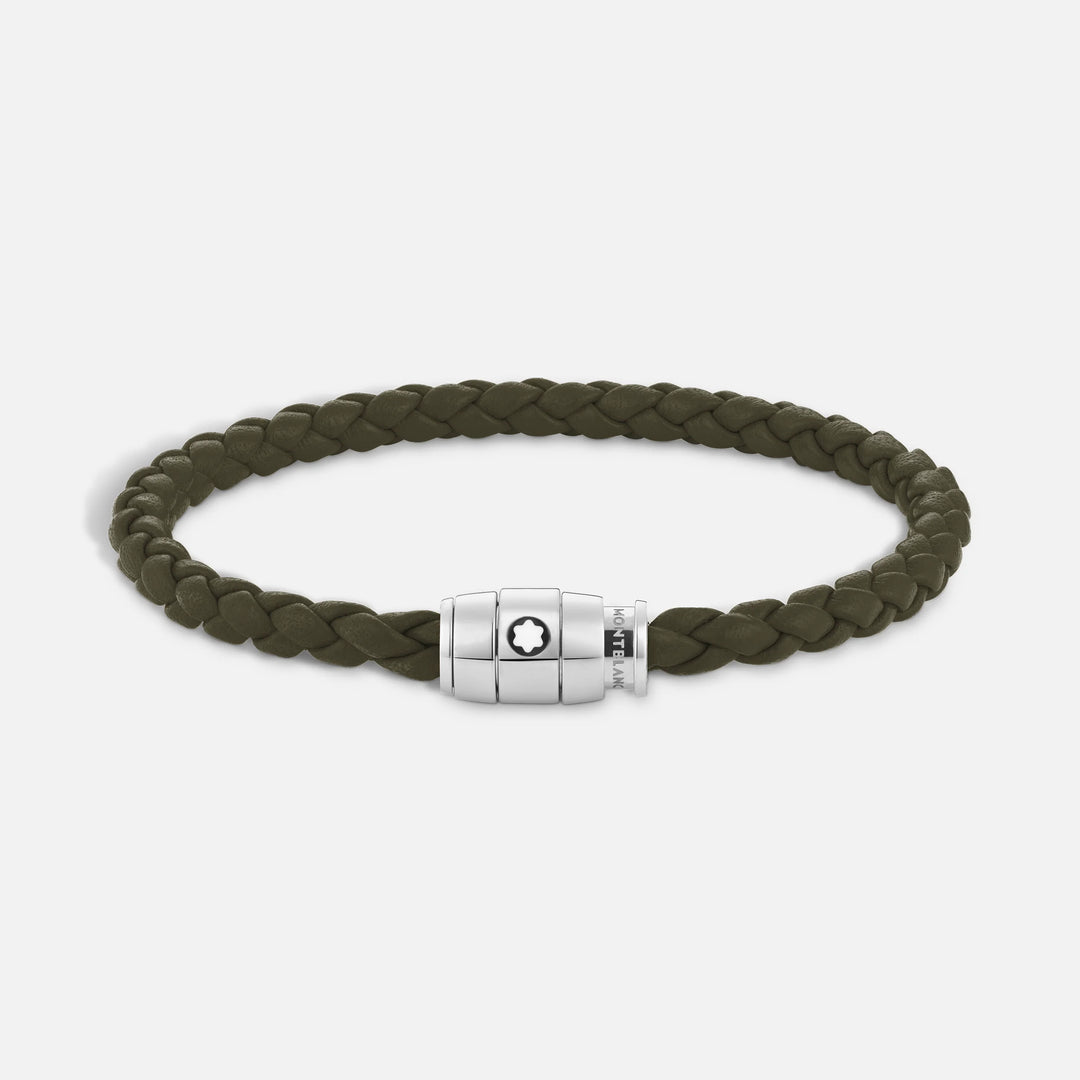 Montblanc bracciale in acciaio a 3 anelli e pelle Meisterstück Kaki misura S 13600360