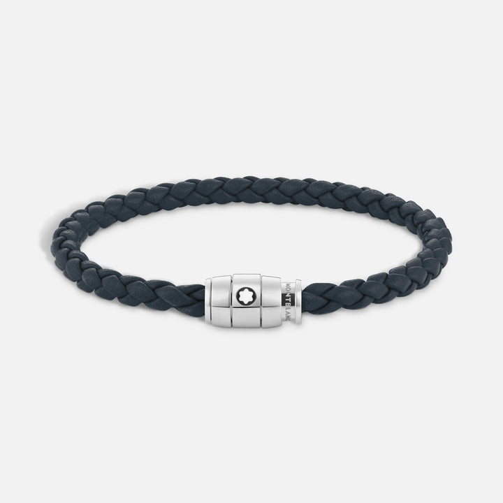 Montblanc bracciale in acciaio a 3 anelli e pelle Meisterstück Blu avio misura M 13601363