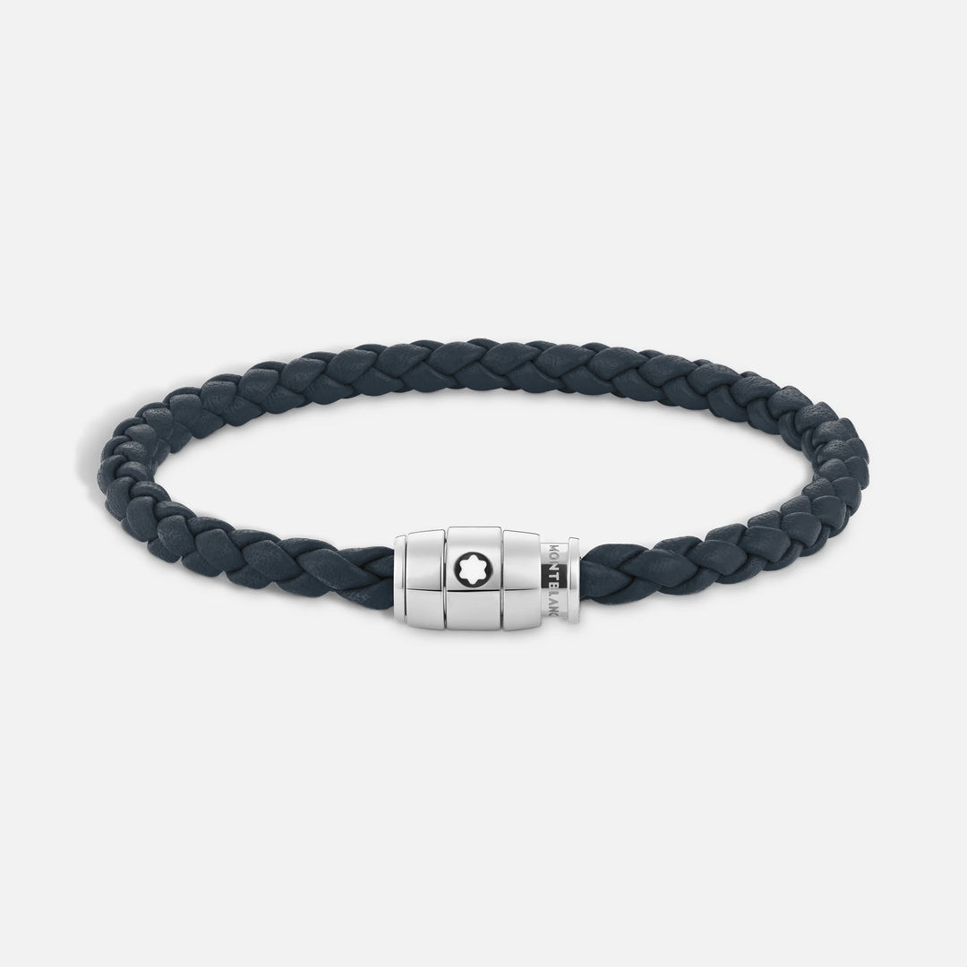 Montblanc bracciale in acciaio a 3 anelli e pelle Meisterstück Blu avio misura S 13601260