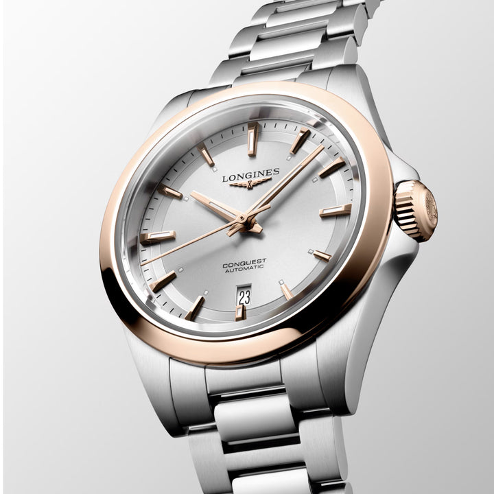 Longines orologio Conquest 30mm argento automatico oro rosa acciaio L3.320.5.72.6